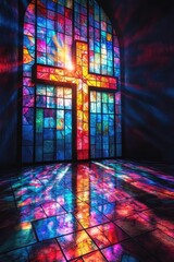 Poster - Bright sunlight shining through colorful stained glass church window with cross