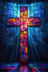 Poster - Bright sunlight shining through colorful stained glass church window with cross