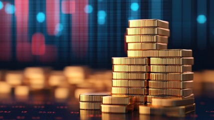 Poster - Gold coins stack growing on stock market graph showing increasing profit