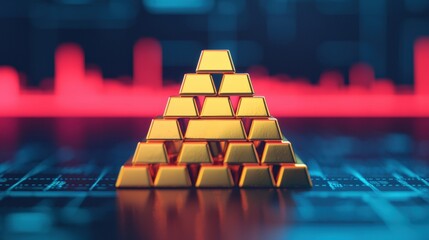 Poster - Gold bars forming a pyramid on stock market data chart background