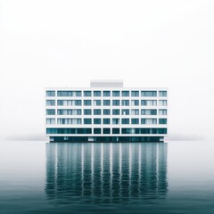 Poster - Minimalist architecture reflecting in calm water, foggy day.