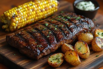 Wall Mural - Grilled striploin steak served with roasted potatoes and corn on the cob