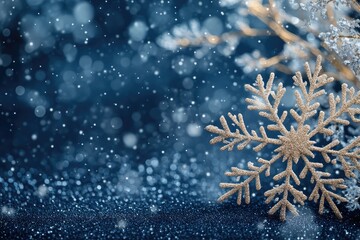 Poster - Golden snowflake ornament glittering on sparkling blue background with falling snow