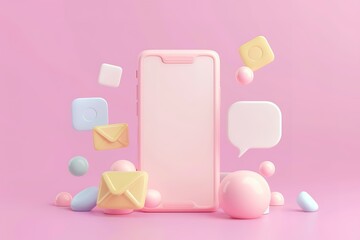 Poster - A pink cell phone with a bunch of colorful spheres surrounding it