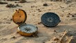 © Eugenia - A vintage compass lies next to a modern satellite communicator, highlighting the evolution of navigation on sandy ground, inviting exploration.
