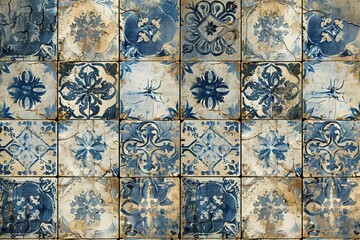 Poster - A blue and white tile pattern with a floral design