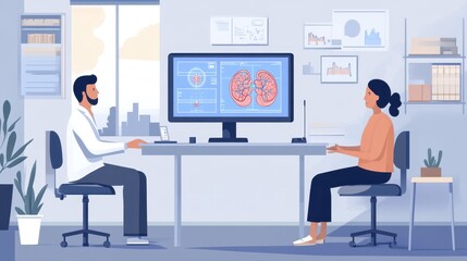Poster - A man and a woman are sitting at a desk in front of a computer monitor
