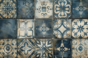 Poster - A blue and white tile mosaic with a floral design