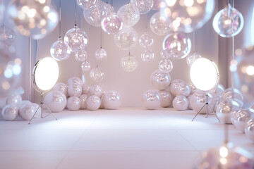 Poster - Floating glass spheres enhance this modern interior's artistic vibe with soft lighting and a white backdrop