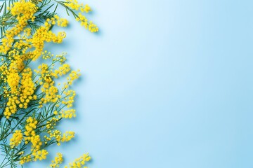 a blue background with yellow flowers in the foreground