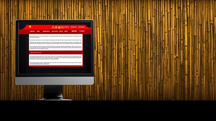 Person looking at a computer screen displaying a blocked website message with a bamboo curtain background. The Great Firewall of China. Copy space. 