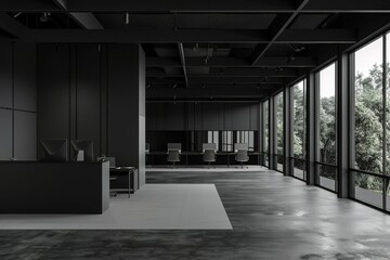 Poster - A large, empty office space with black walls and a black carpet
