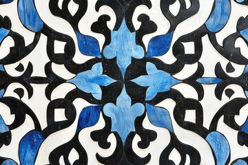 Poster - A blue and white tile design with a blue flower in the center