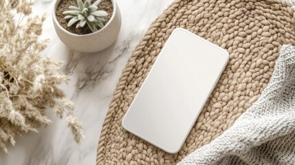 Aufkleber - A minimalist workspace featuring a smartphone, plant, and textured materials.