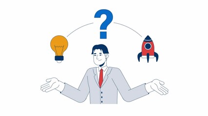 Poster - Seeking way to launch startup 2D animation. Business idea finding 4K video motion graphic. Confused asian man with lightbulb and rocket animated character cartoon flat concept, white background