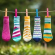 © nuttapong - Colorful socks hanging on a clothesline outdoors.