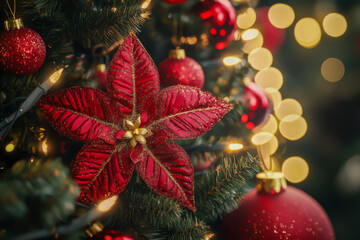 Sticker - A red Christmas tree with a red flower and red ornaments. The tree is lit up and the red flower is the center of attention