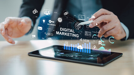 Wall Mural - business data analysis of digital growth marketing financial technology and economic for company swo