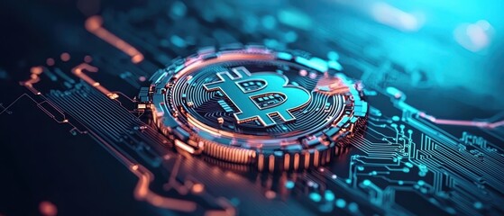 Poster - Futuristic digital representation of Bitcoin cryptocurrency on a circuit board.
