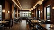 © azi - Here's a  and keyword list for your stock photo... Elegant restaurant interior with wood paneling, leather booths, and large windows.