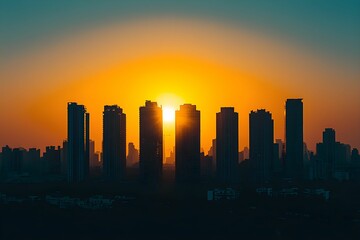 Wall Mural - Sunrise over a city skyline casting shadows of tall buildings