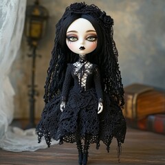 Nice halloween gothic girl witch doll crocheted made of yarn wool beautiful holiday picture handmade decor design art creative craft