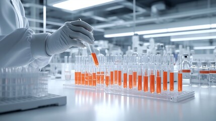 Poster - Dedicated researcher in a crisp lab coat closely examining test tubes filled with experimental serums conducting intense research to develop a pioneering new pharmaceutical treatment