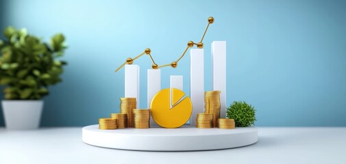 Leinwandbilder - chart diagram finance graph concept. A modern financial display featuring graphs, coins, and a plant, symbolizing growth and investment in a stylish, minimalistic setting.