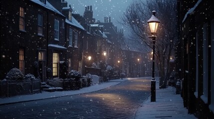 Poster - Snow falls on a quaint snowy street at night