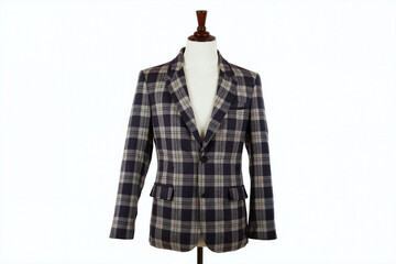 a stylish wool fabric plaid pattern designer blazer for women on a mannequin. a cotton checkered tar