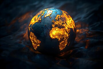 Poster - Glowing globe rests on dark surface at night showcasing continents