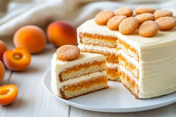 Wall Mural - Decadent layered cake with apricot filling and vanilla wafers on a white plate