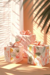 Poster - Beautifully arranged pastel gifts casting soft shadows in warm light