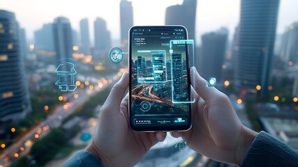 Poster - Hands Holding a Smartphone with Augmented Reality Overlay Displaying Transaction Data and Gleaming Metallic Accents Set Against a Futuristic Urban Landscape with a Dynamic Angle and Visual Style