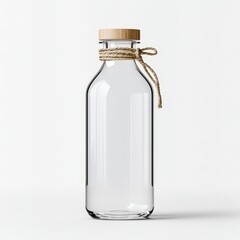 A minimalist glass bottle with a bamboo cap and rope accent, ideal for eco-friendly branding, product displays, or lifestyle imagery emphasizing sustainability and modern design,