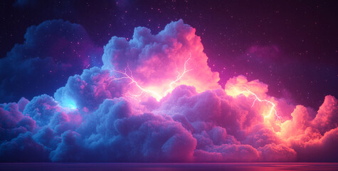 Wall Mural - a colorful cloud filled with lightning bolts and stars. the sky is dark and the clouds are purple an
