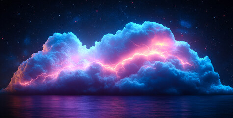 Wall Mural - a large, colorful cloud with a lightning bolt in the middle. the sky is dark and the water is calm