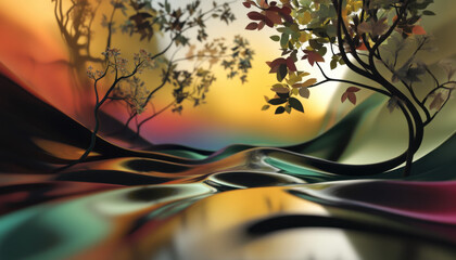 Aufkleber - 3D render of an abstract fluid landscape, with swirling shapes and vibrant colors representing the movement in water
