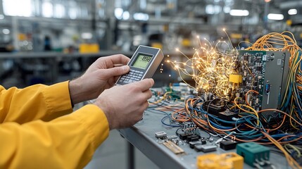 Fototapete - Electrical Engineer Expertly Operates Digital Multimeter Amid Intricate Circuitry and Tangled Wires in Warm Gritty Industrial Workspace