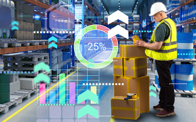 Poster - Man fulfillment center employee. Storekeeper near boxes of charts. Guy works in fulfillment center. Man stands inside warehouse building. Racks with barrels and parcels around fulfillment specialist