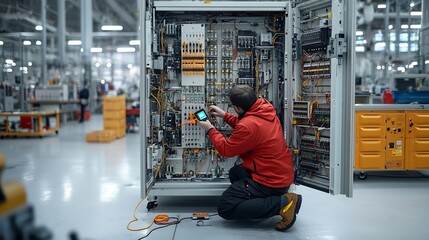 Fototapete - Electrical Engineer Carefully Examining Connections in Open Electrical Cabinet with Digital Multimeter Focused on Maintaining and Repairing Industrial Equipment in Moody