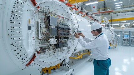 Aufkleber - Skilled electrical engineer intently examining and troubleshooting intricate electronic components of a large industrial machine using precision tools in a bright diffused natural light setting
