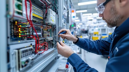 Aufkleber - Skilled electrical engineer intently focused on troubleshooting and examining the intricate electronic components of a large industrial machine using precision tools in a bright