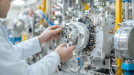Poster - Close up of a concentrated electrical engineer s hands deftly manipulating delicate wiring and intricate circuitry within a complex industrial machine set against a backdrop of gentle