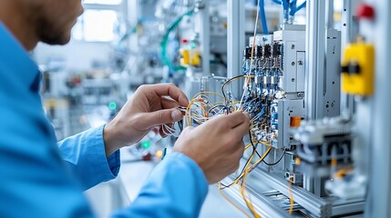 Aufkleber - Close up of a concentrated electrical engineer s hands carefully and deftly manipulating delicate wiring and complex circuitry within a sophisticated industrial machine in a setting of gentle