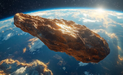 A large rock is floating in space above the Earth. The rock is large and dark, and it is surrounded by a bright blue sky. The scene is peaceful and serene