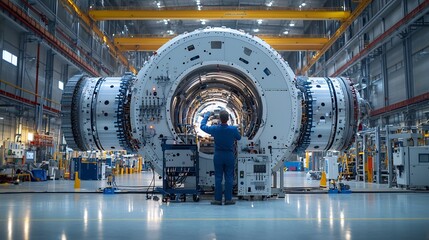 Aufkleber - Electrical engineer closely examining and troubleshooting the inner workings of a large industrial machine using specialized tools and instruments under the warm