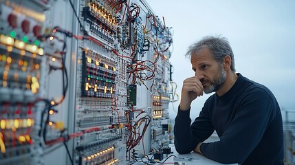 Poster - Pensive Electrical Engineer Meticulously Analyzing the Components of a Complex Electronic Power System Illuminated by the Soft Even Light of an Overcast Sky