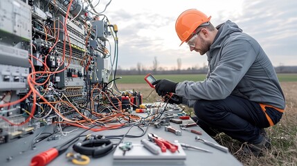 Fototapete - Focused Electrical Engineer Expertly Diagnosing and Troubleshooting Sophisticated Power System with Various Tools in Ambient Sunset Illumination