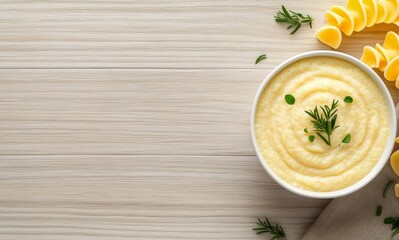 Sticker - Creamy polenta garnished with herbs and spices on a rustic wooden table setting